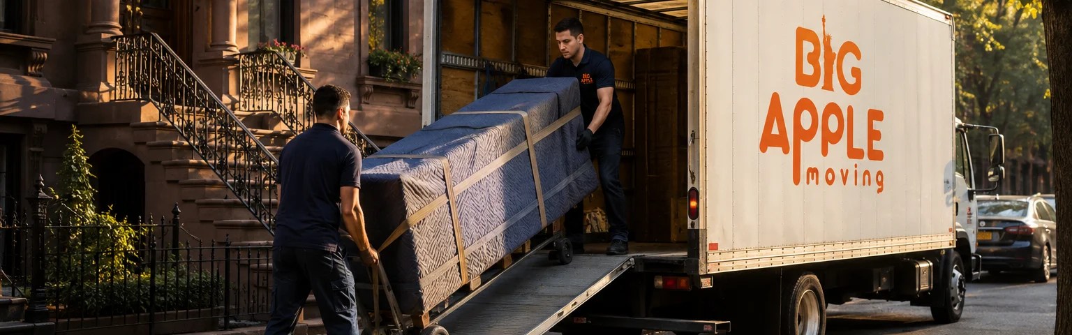 Big Apple Moving crew loading a wrapped load up the ramp into a branded truck on a New York street in early morning light