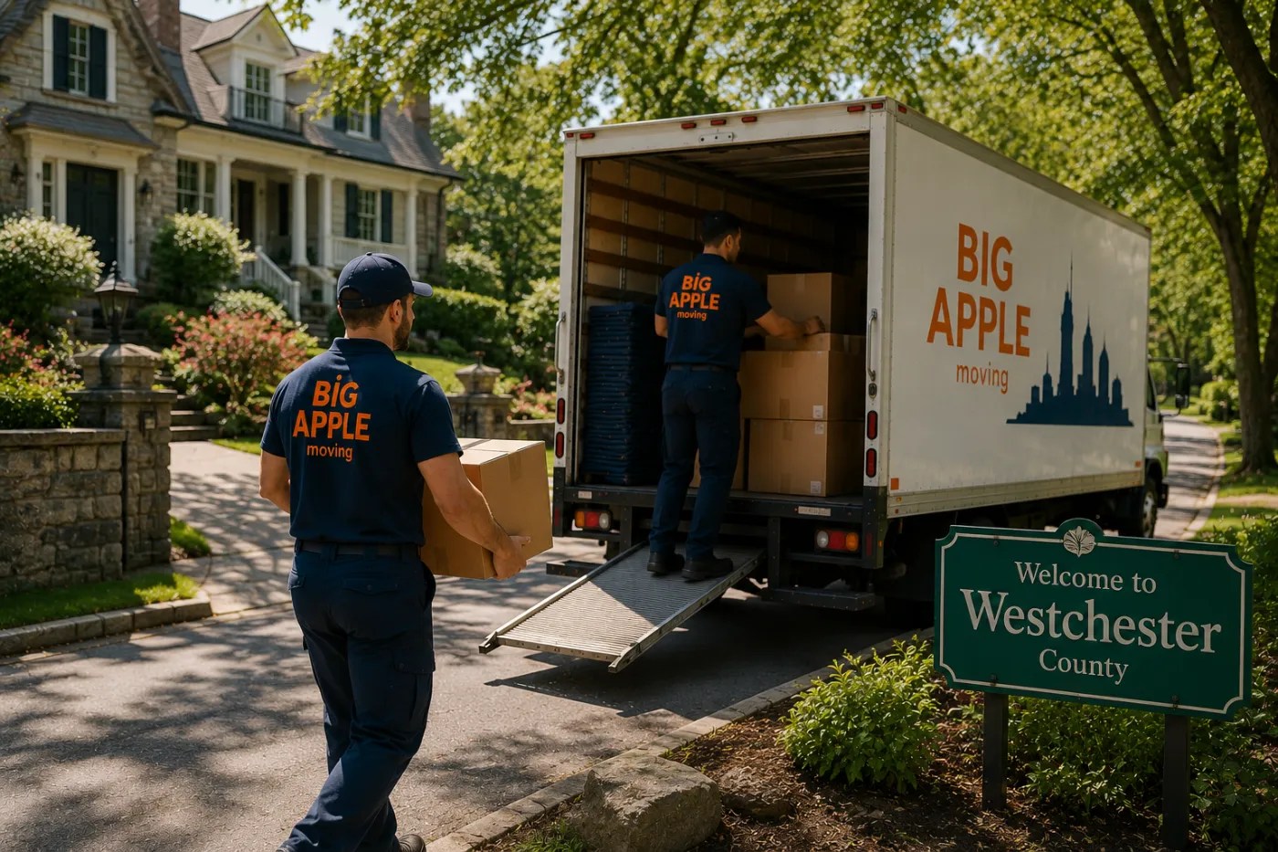 Two Big Apple Moving movers in branded navy polos loading cartons into a branded box truck in the driveway of a Westchester County home beside a Welcome to Westchester County sign