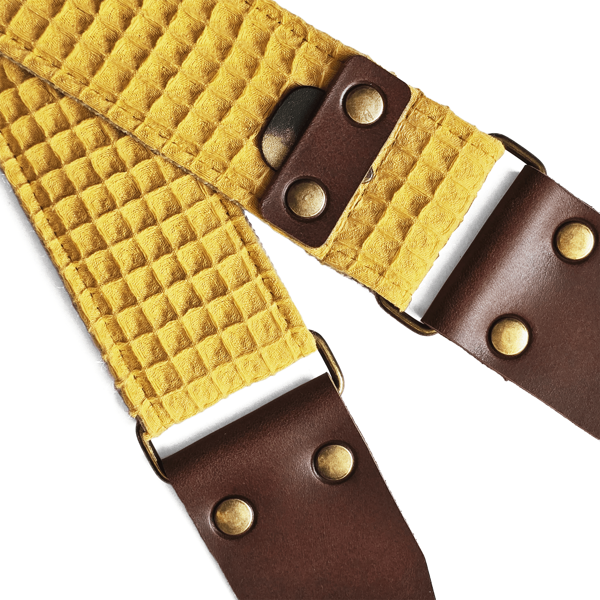 Yellow guitar strap with pick holder, golden strap