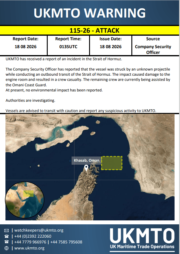 UK Maritime Trade Operations reported that a vessel was struck by an unidentified projectile while transiting out of the Strait of Hormuz. The incident damaged the engine room and caused crew casualties, with the remaining crew receiving assistance from the Oman Coast Guard.