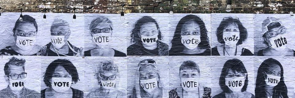 Photography collage of diverse women wearing face masks with word "vote"
