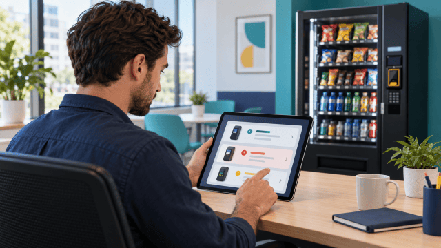 Vending operator reviewing device status information on a tablet