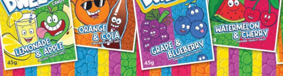 Packaging of brightly coloured sweets in various flavours whose name (cut off) matches the answer