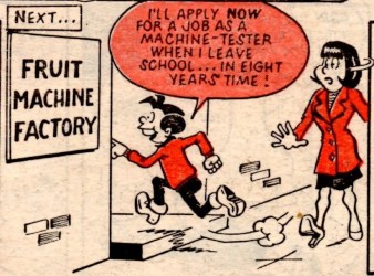 a single panel from an old comic in which a boy with a red jumper and black hair is entering a fruit-machine factory to apply for a job