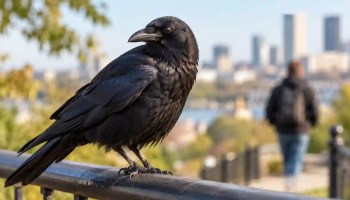 American crow watching a person from an urban railing