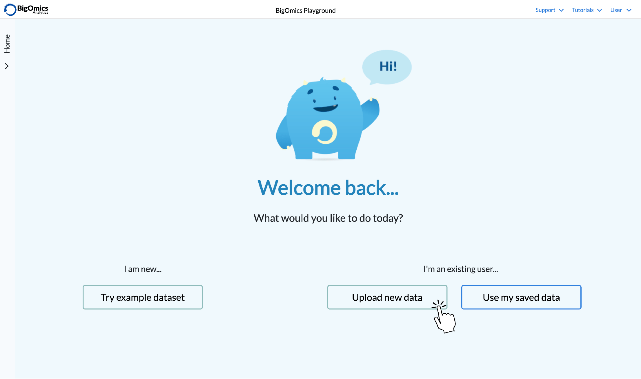 Welcome tab in Omics Playground - Click on Upload new data
