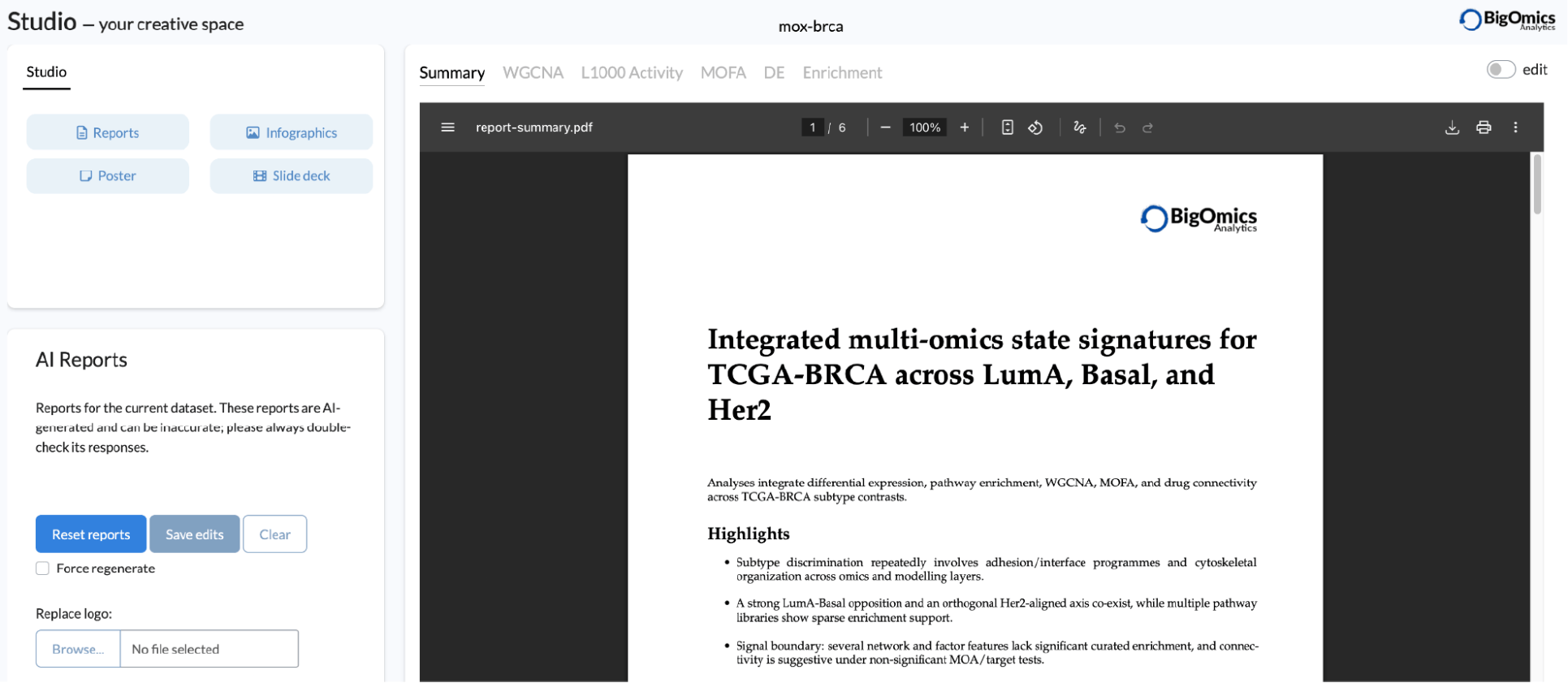 Studio in Omics Playground V5 Report summary
