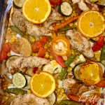 This Orange Honey Dijon Rustic Chicken Sheet Pan Meal is perfect for family gatherings, camping meal plans, or healthy weeknight dinner and is weight watcher friendly using seasonal vegetables and chicken tenders. #sheetpanmeal #chickendinner #weightwatchermeal #ketofriendly #leanandgreen