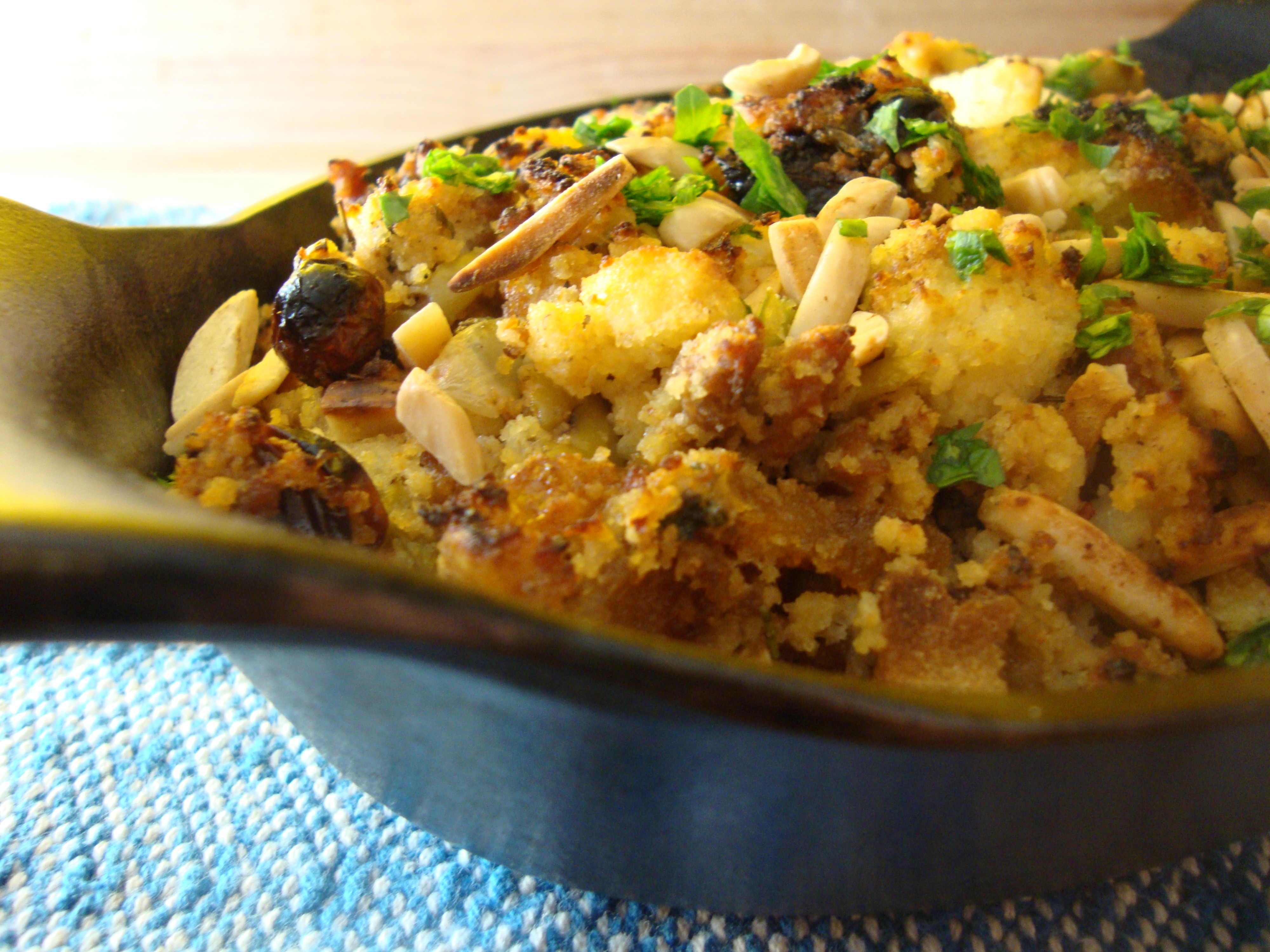 Cornbread, Fruit, Almond, Olive, Stuffing https://bigsislittledish.wordpress.com/2011/11/17/cornbread-fruit-almond-and-olive-stuffing-gluten-free/