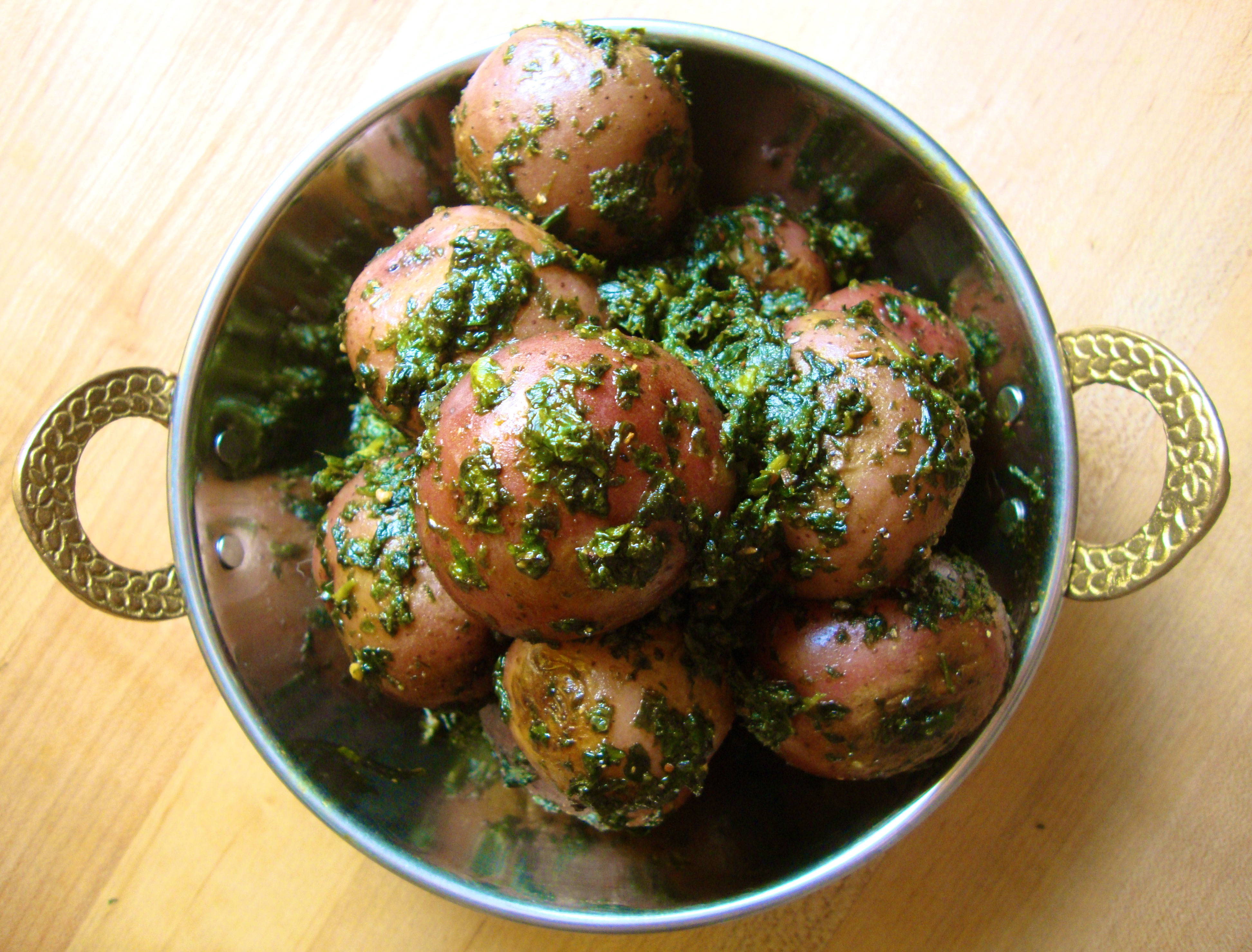 Tiny New Potatoes Smothered in Fenugreek and Butter https://bigsislittledish.wordpress.com/2012/03/10/tiny-new-potatoes-and-aromatic-greens-steamed-in-butter/