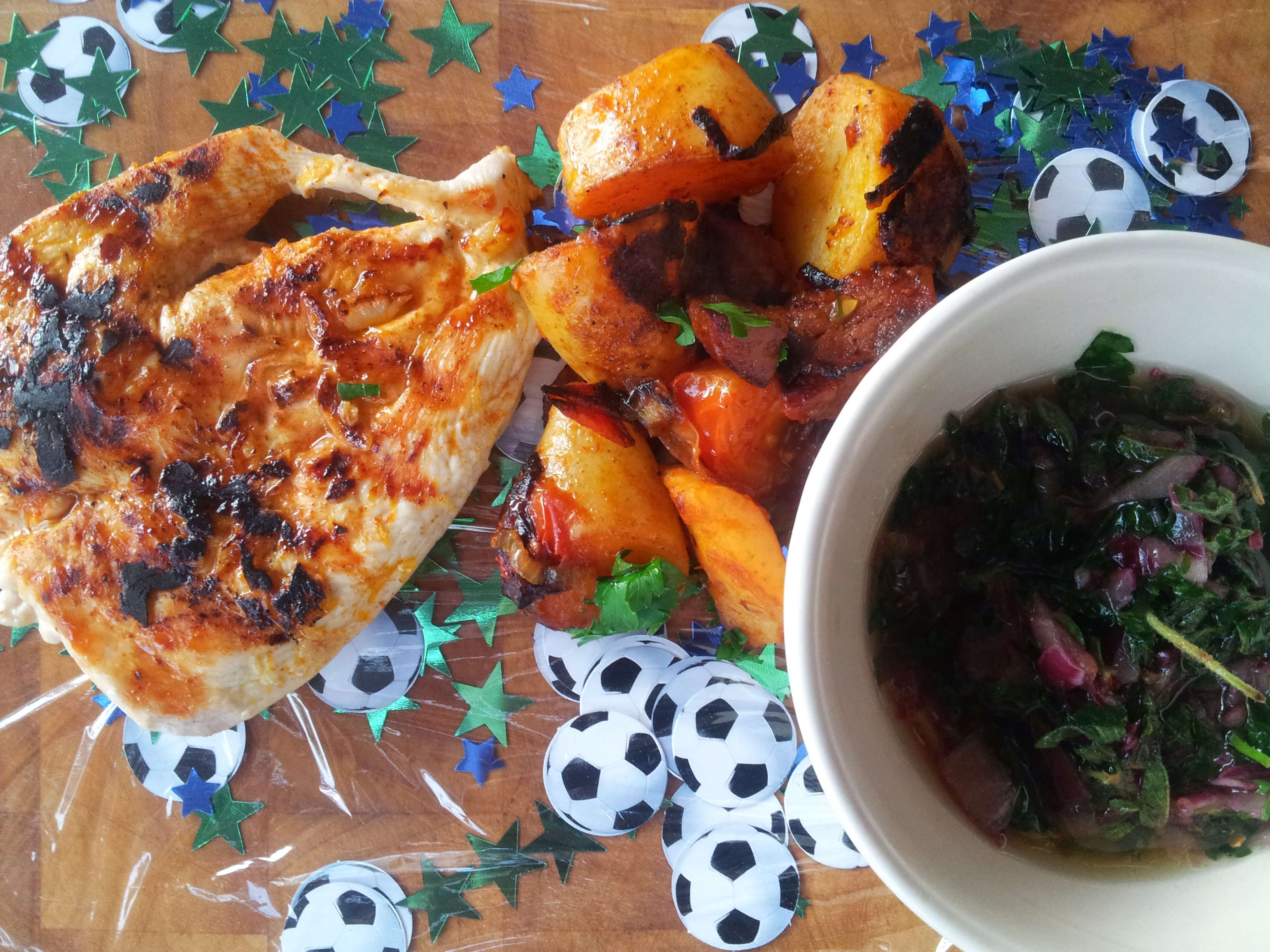 chimichurri chicken with patatas bravas