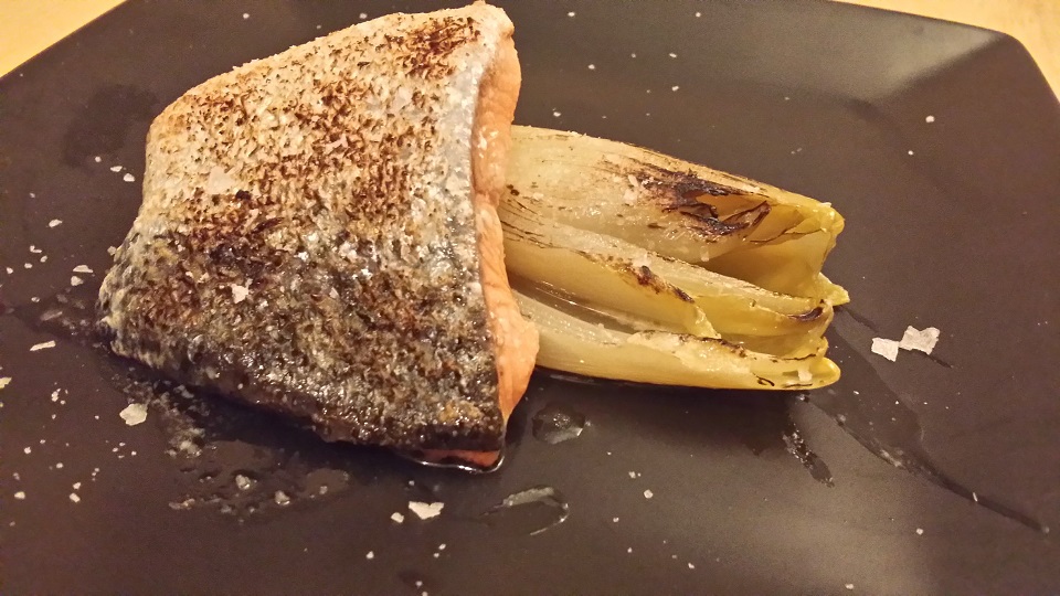 curry salmon with confit chicory