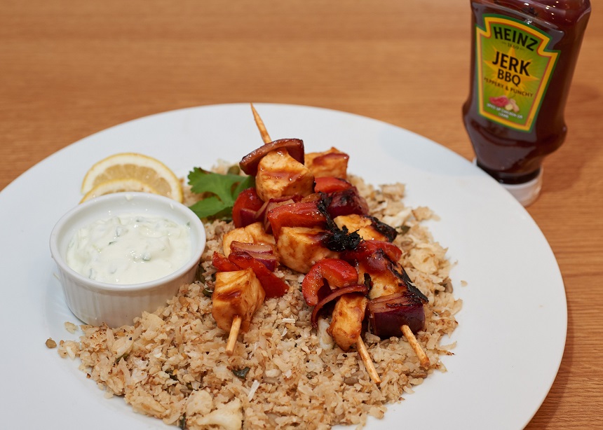 jerk halloumi kebabs with cauliflower cous cous