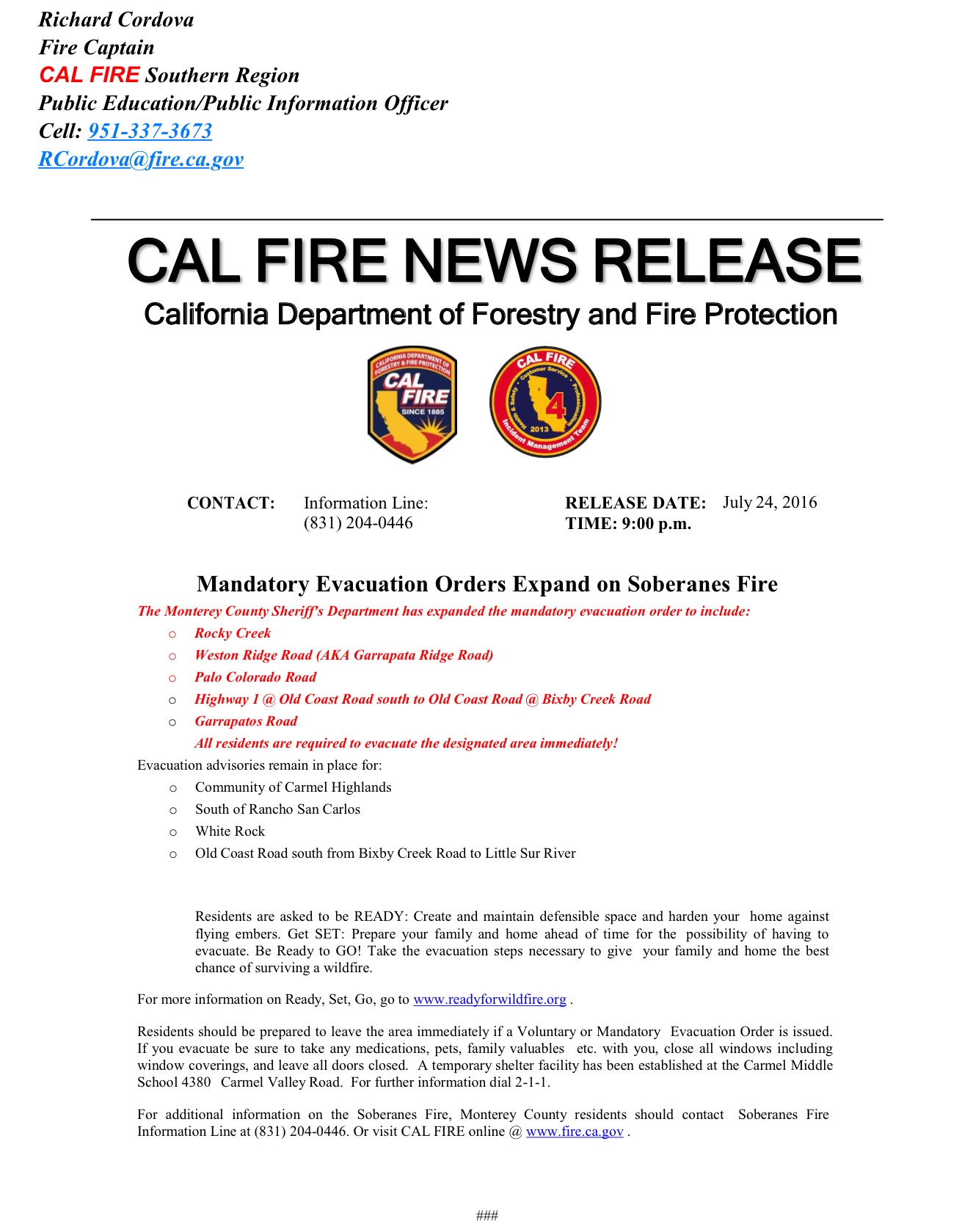 NEW MANDATORY EVACUATION ORDERS ISSUED FOR TONIGHT & Revised Fact Sheet