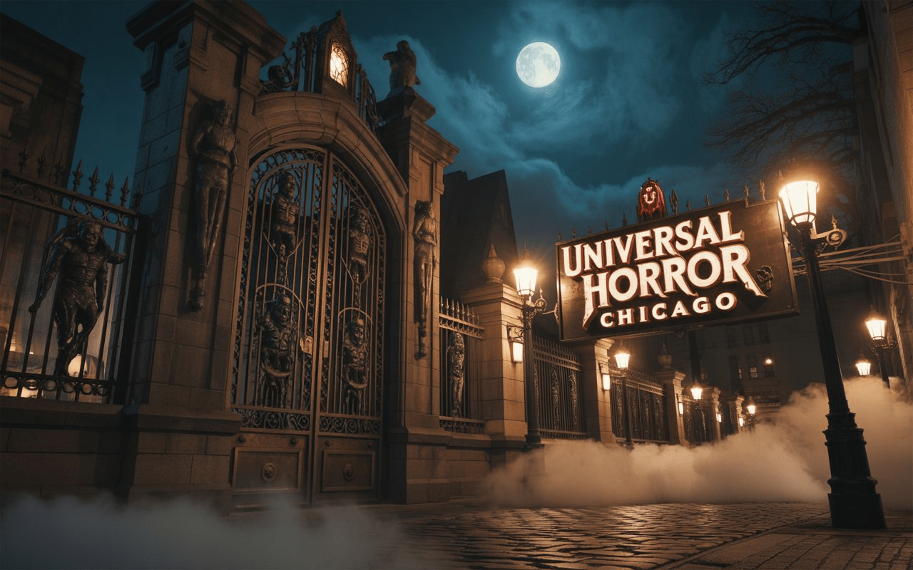 A cinematic promotional image for a Universal Horror attraction in Chicago. The scene depicts the grand, gothic entrance to the attraction, featuring towering wrought-iron gates adorned with intricate carvings of monstrous figures. A dimly lit cobblestone pathway leads towards the entrance, where a sign reads "Universal Horror: Chicago" in a stylized, aged font, with flickering gas lamps casting long, eerie shadows. Thick fog swirls around the base of the gates, hinting at the terrifying experiences that await within, while a full moon hangs high above, illuminating the scene with an unsettling glow. Not actual official imagery, just generic
