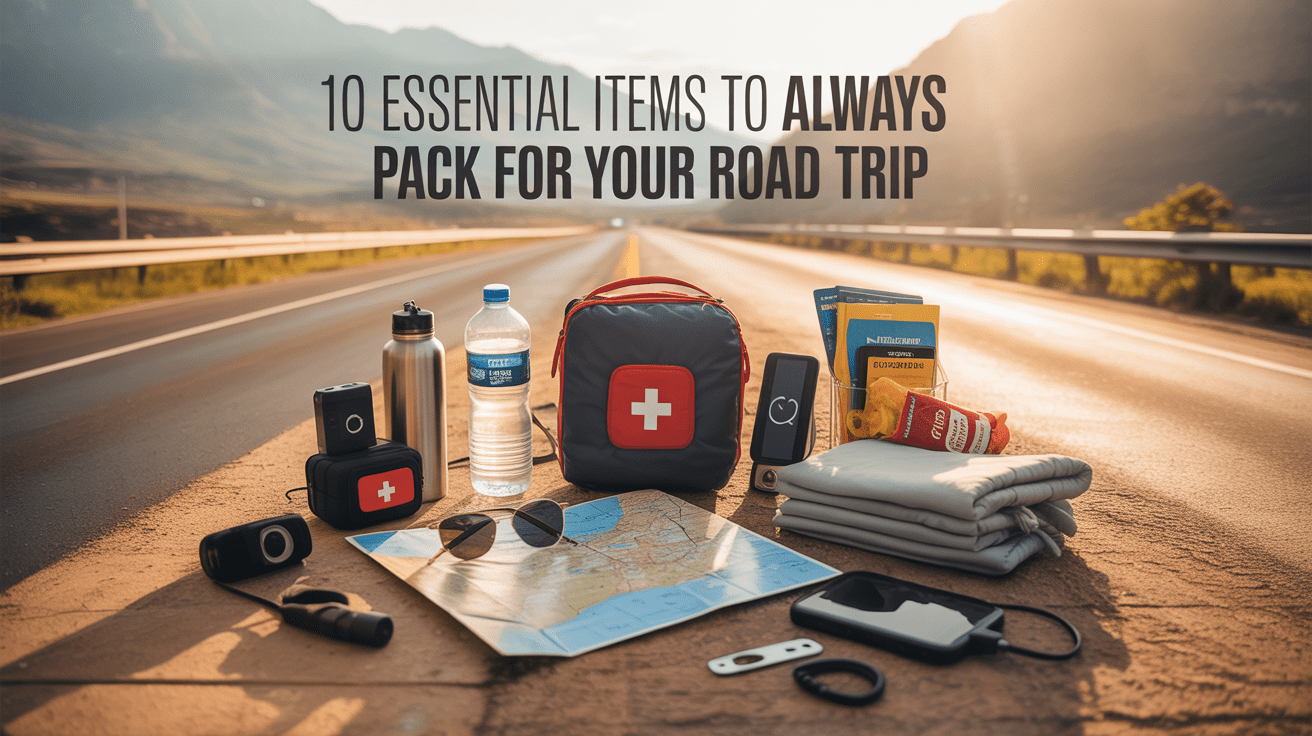 A brightly lit, lifestyle photography style flat lay showcasing "10 Essential Items to Always Pack for Your Road Trip". Centered on a textured wooden surface are neatly arranged travel essentials: a first-aid kit, a portable charger, a map, sunglasses, a reusable water bottle, a flashlight, snacks, a car phone mount, a blanket, and a tire pressure gauge. Surrounding the items is a blurred background of a scenic highway, bathed in warm sunlight, suggesting adventure and exploration. The overall composition evokes a feeling of preparedness and excitement for a memorable road trip experience.