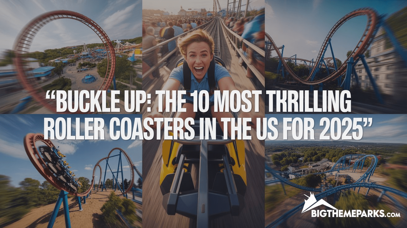 A dynamic lifestyle advertisement showcasing a vibrant collage representing the "10 Most Thrilling Roller Coasters in the US for 2025" as featured on bigthemeparks.com, featuring a central image of a rider's exhilarated face captured mid-air on a high-speed drop, surrounded by smaller, equally dynamic shots of looping inversions and steep inclines against the backdrop of brightly colored, bustling amusement park landscapes. The collage utilizes a warm, saturated color palette with strategic use of motion blur to convey speed and adrenaline, while sharp focus highlights key structural elements of each roller coaster, emphasizing their unique designs and impressive scale. Across the top, bold, modern typography displays “"Buckle Up: The 10 Most Thrilling Roller Coasters in the US for 2025"” with the bigthemeparks.com logo subtly placed in the bottom corner, creating an energetic and adventurous feel that positions the website as the ultimate resource for theme park enthusiasts.