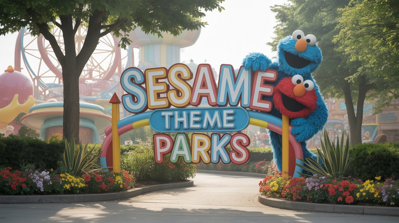 "Sesame Theme Parks," with popular characters Cookie Monster and Elmo playfully positioned around it. The setting is bright and cheerful, surrounded by lush greenery and attractions in the background. The scene conveys a welcoming and fun atmosphere typical of a family-friendly amusement park.

