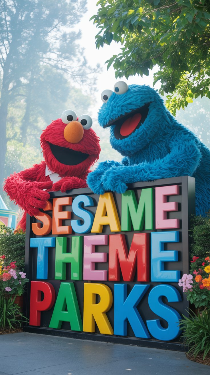 The image shows a colorful sign for "Sesame Theme Parks," featuring the characters Elmo and Cookie Monster. Elmo is red with wide eyes and a big smile, while Cookie Monster is blue with a similarly cheerful expression. They are positioned playfully around the sign, which has large, colorful letters against a backdrop of green foliage. The scene conveys a fun and inviting atmosphere, typical of a family-friendly theme park.
