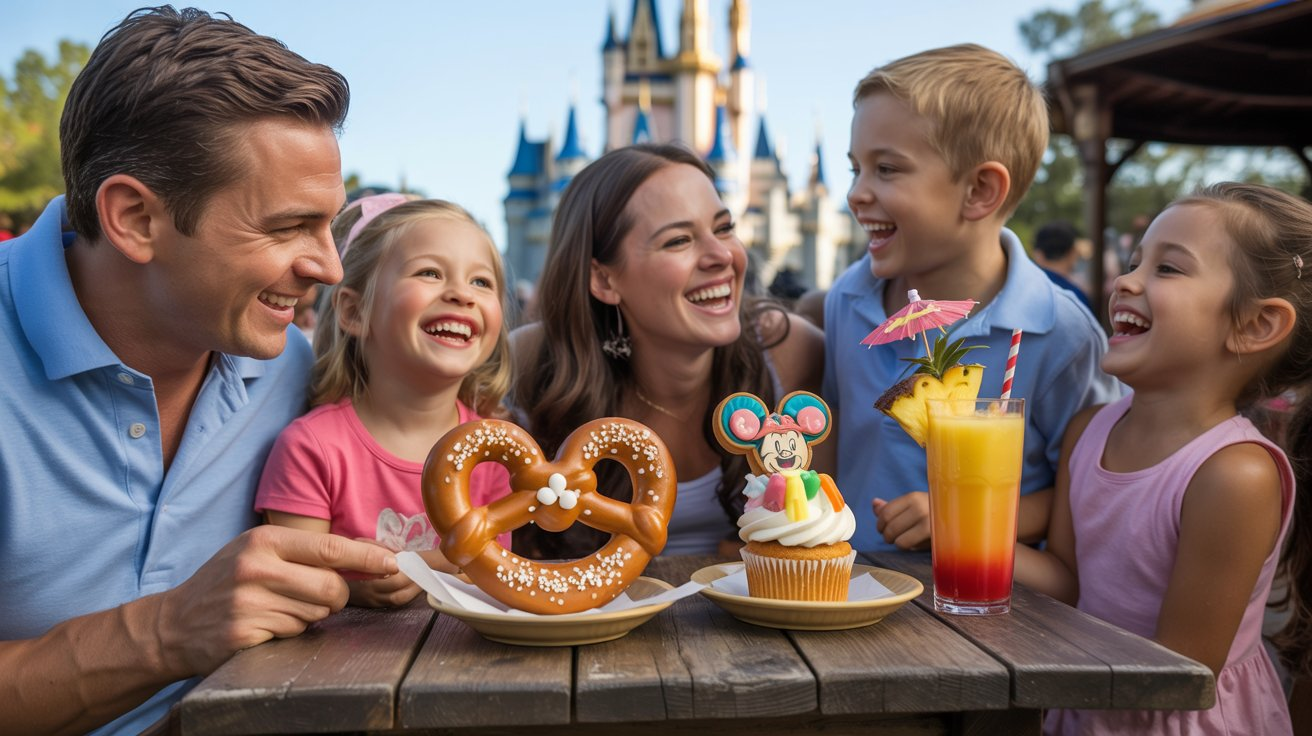 A joyful family photograph captures parents and children laughing together around a rustic wooden table at Walt Disney World's outdoor dining area. The table is adorned with iconic Disney treats including a golden Mickey-shaped pretzel with coarse salt, a whimsical character-themed cupcake topped with colorful frosting and edible decorations, and a vibrant tropical drink garnished with a paper umbrella and fresh pineapple. The family members are dressed in casual vacation attire, their faces beaming with genuine happiness and excitement as they share this magical moment. In the soft-focused background, the fairy-tale spires of Cinderella's Castle rise majestically against a clear blue sky, while warm afternoon sunlight bathes the entire scene in a golden, celebratory glow.