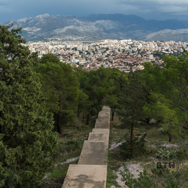 Stairs and the view of the city from the western hill in Split, Croatia