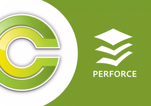 A large Perforce Commons logo-mark is shown on the left half of the screen, against a white background. The right half of the screen is a green background, with the Perforce logo in white.