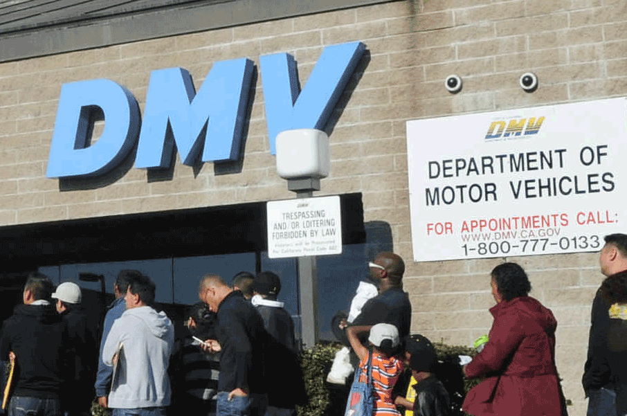 The outside of a DMV field office is shown. The DMV signage prominently occupies the top half of the photo, and the bottom half shows a line of customers.