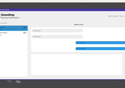 Screenshot of a bare-appearing UI. Two conversations are shown, and one conversation is selected. The one selected conversation shows 4 total exchanged comments. No documents, nothing else is included. Just a logo, a compose area for sending new messages, a sign-out button, and a Refresh button. The UI elements shown are from the OEM QT components.