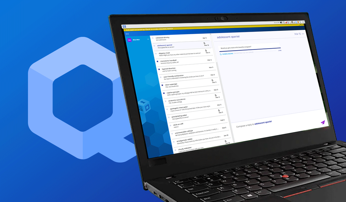 An IBM ThinkPad laptop is shown against a blue background, with the SecureDrop Workstation client shown on the screen. The laptop is shown on the right part of the screen, with the Qubes logo on the left part of the screen.