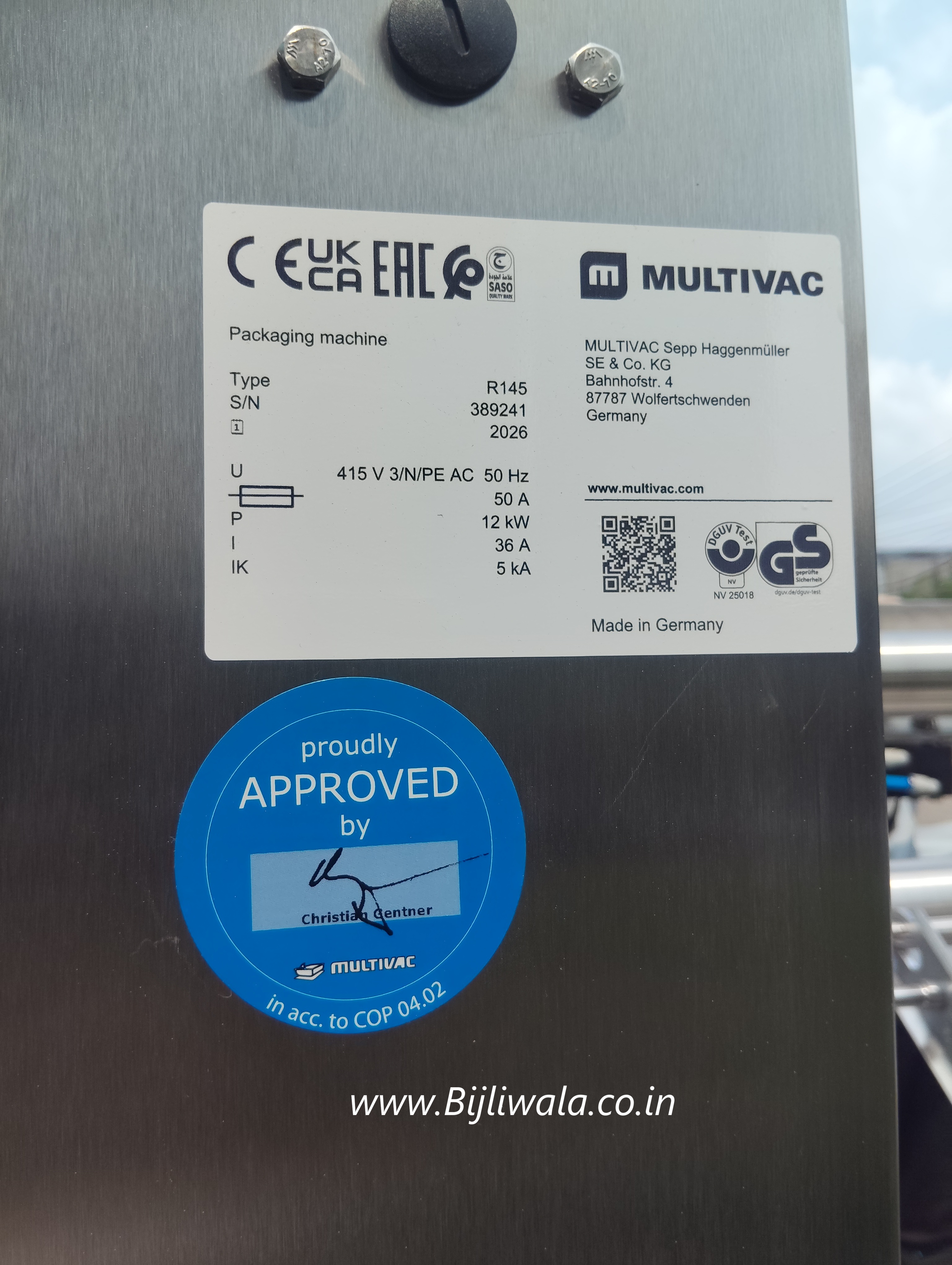 Name plate of packaging machine by MULTIVAC | Type : R145