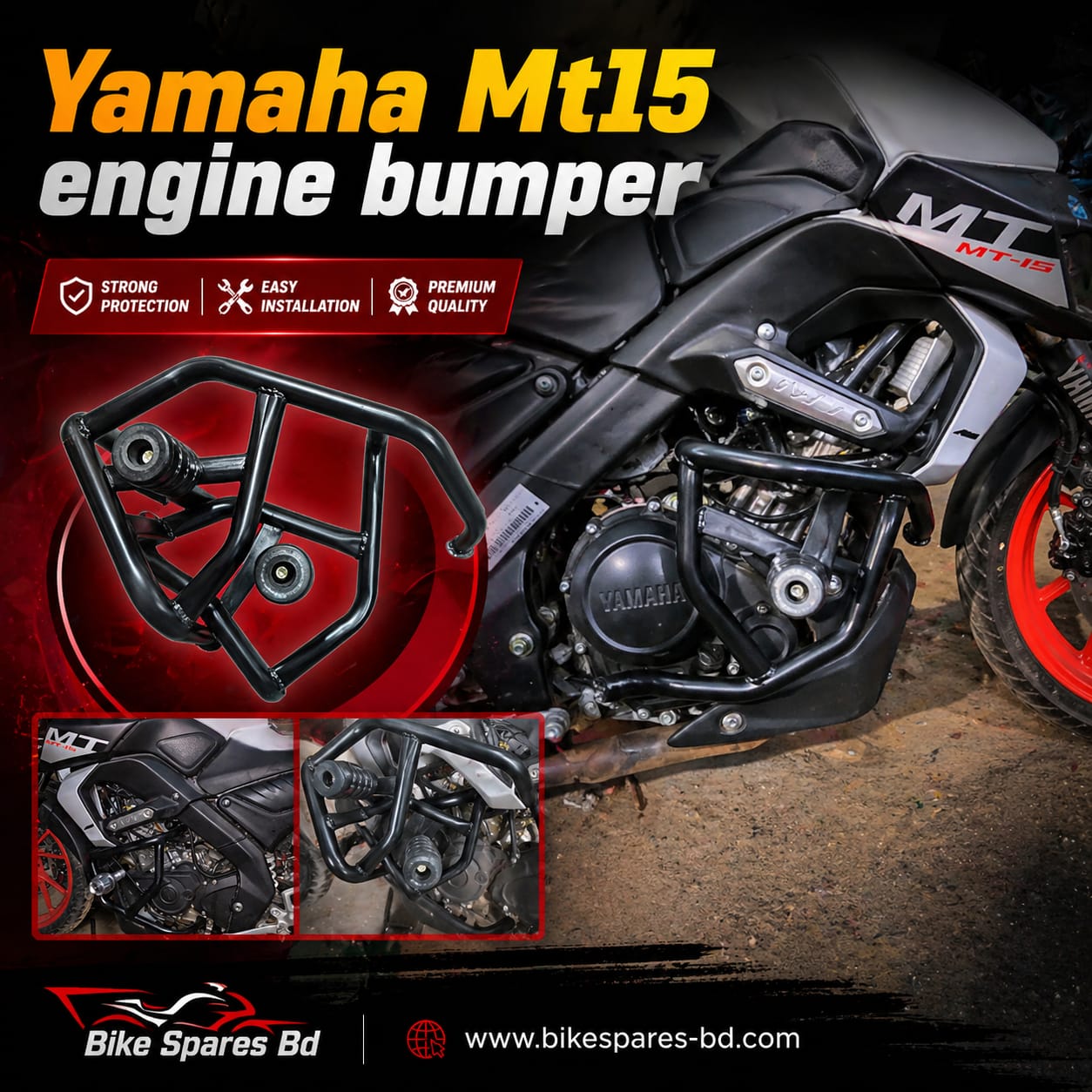Yamaha MT-15 Engine Bumper & Crash Guard - Heavy Duty MS Material - Premium Engine Protector for MT15 (Black)