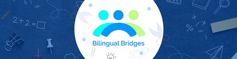Bilingual Bridges logo on a blue classroom-themed background, representing virtual reading tutoring programs to prevent summer brain drain in 2025