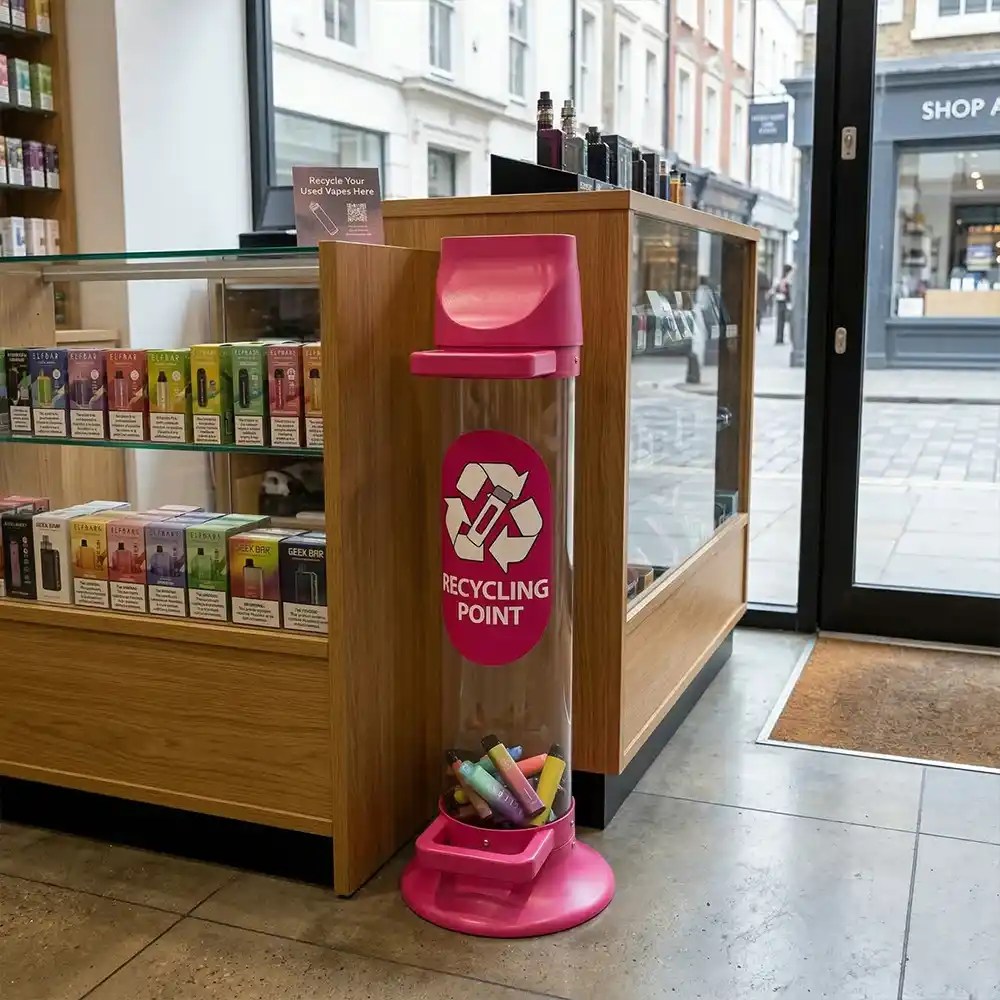 In-store vape recycling bin with branded transparent tube