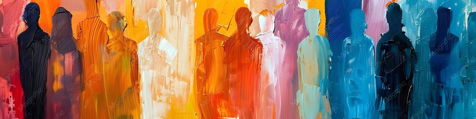 An abstract painting depicts a lineup of different colored people to represent a diverse group