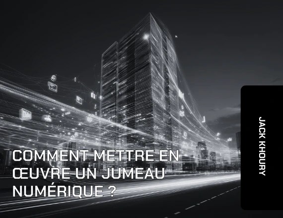 Bâtiment urbain de nuit en flux de données illustrant un jumeau numérique BIM pour la gestion du patrimoine