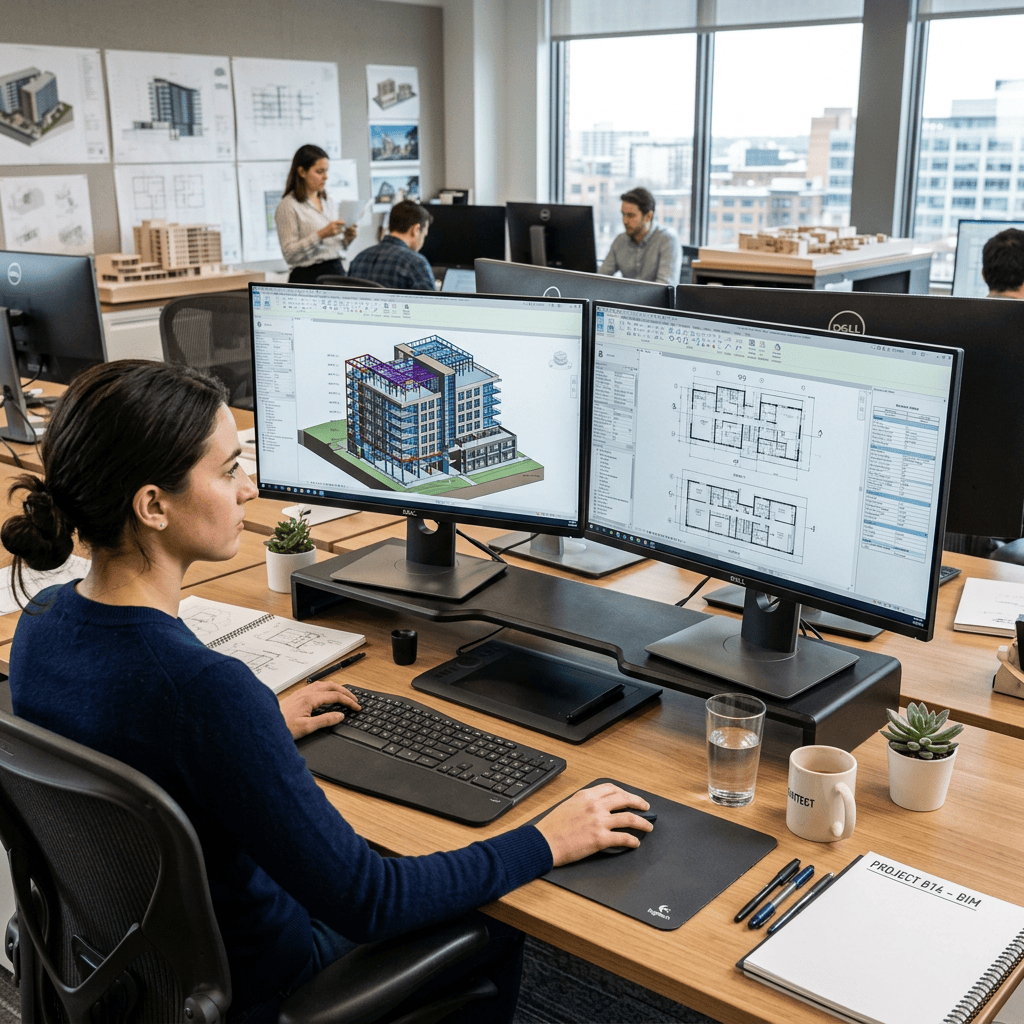 Architect using dual monitors showing 3D building model and architectural floor plans