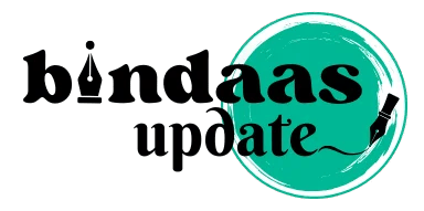 Bindaas Update logo featuring a teal green circular brush design with a black ink pen tip and elegant typography.