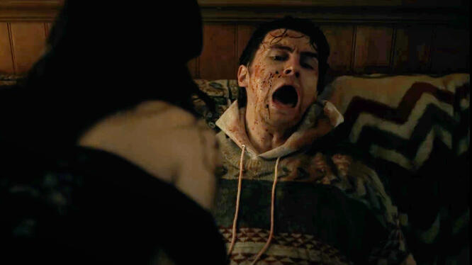 A tense scene from Obsession showing the horror mood of Curry Barker's film