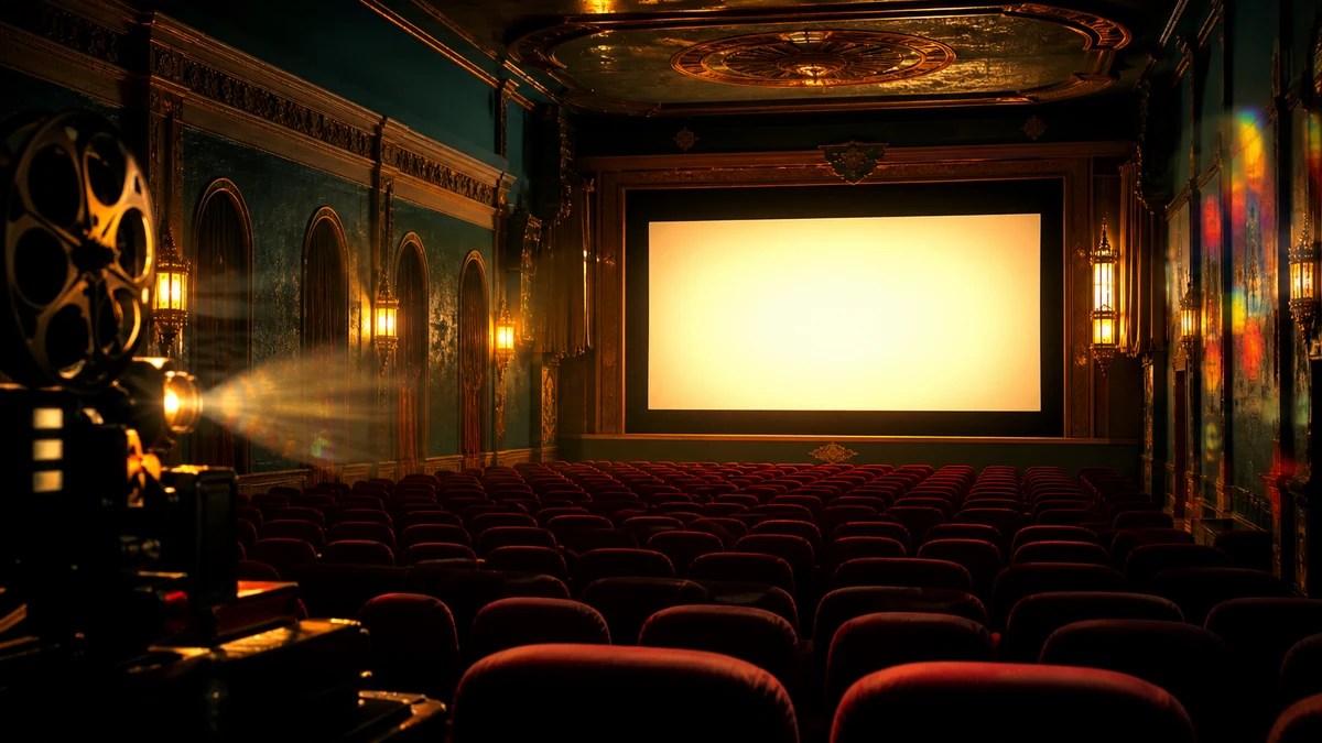 An empty vintage cinema with red seats, a glowing blank screen and a film projector