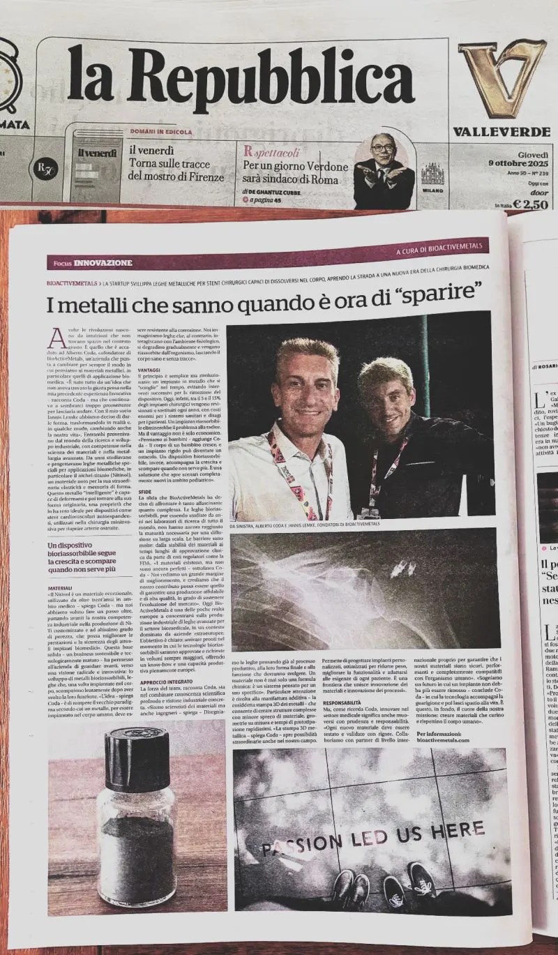 Image of the article on BioActiveMetals, appeared in October 2025 in the news paper "La Repubblica"