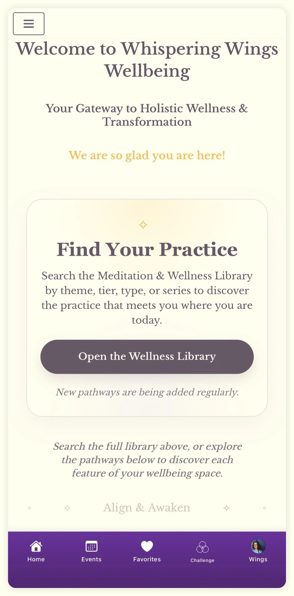 Whispering Wings Wellbeing library showing meditation, reflection, sound and personal-practice categories.