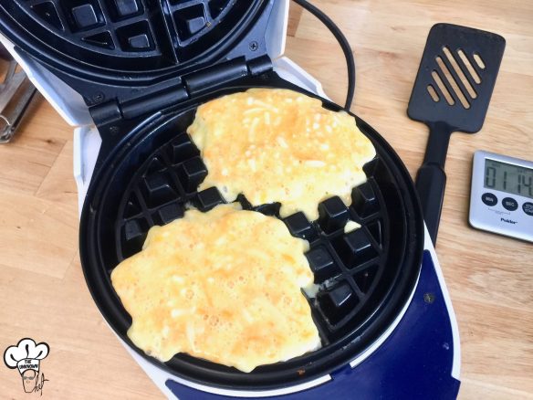 Pour chaffle recipe into waffle maker to cook