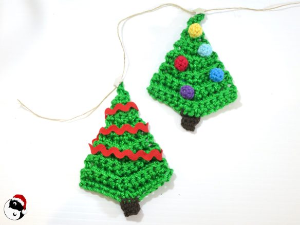 Free Crochet Christmas Tree Pattern; one with red rick rack, the other with colourful bobbles