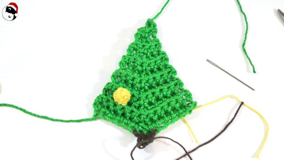 Front of Free Crochet Christmas Tree Pattern with one yellow crochet bobble ornament 