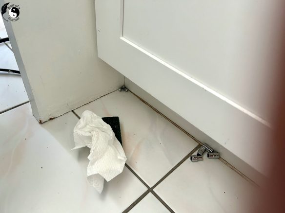 Screws on floor in corner of panty cabinet