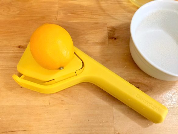 Dreamfarm lemon juicer with a lemon sitting on top
