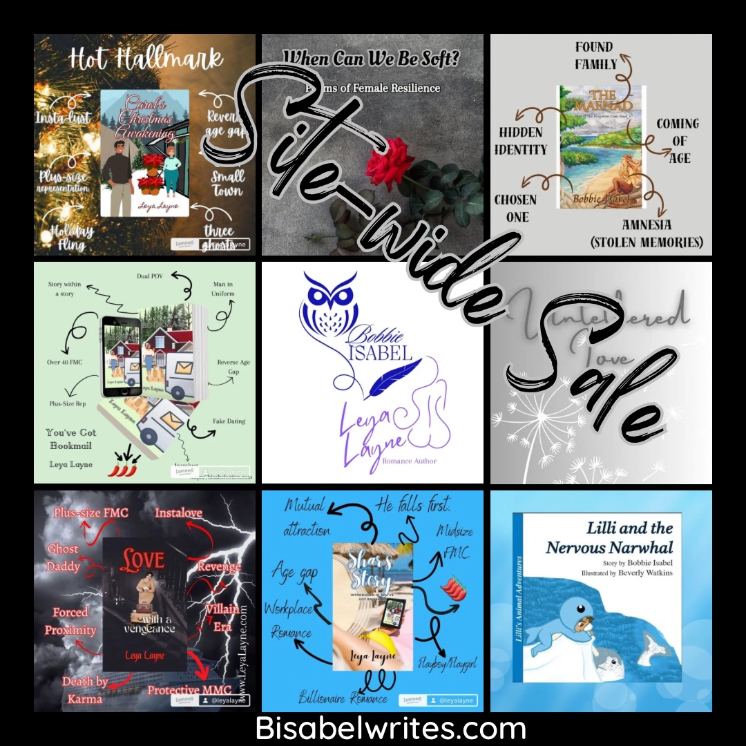 9 square blocks with the authors' logos in the middle and each book in the other blocks. Written across the photo is "Site-wide sale."