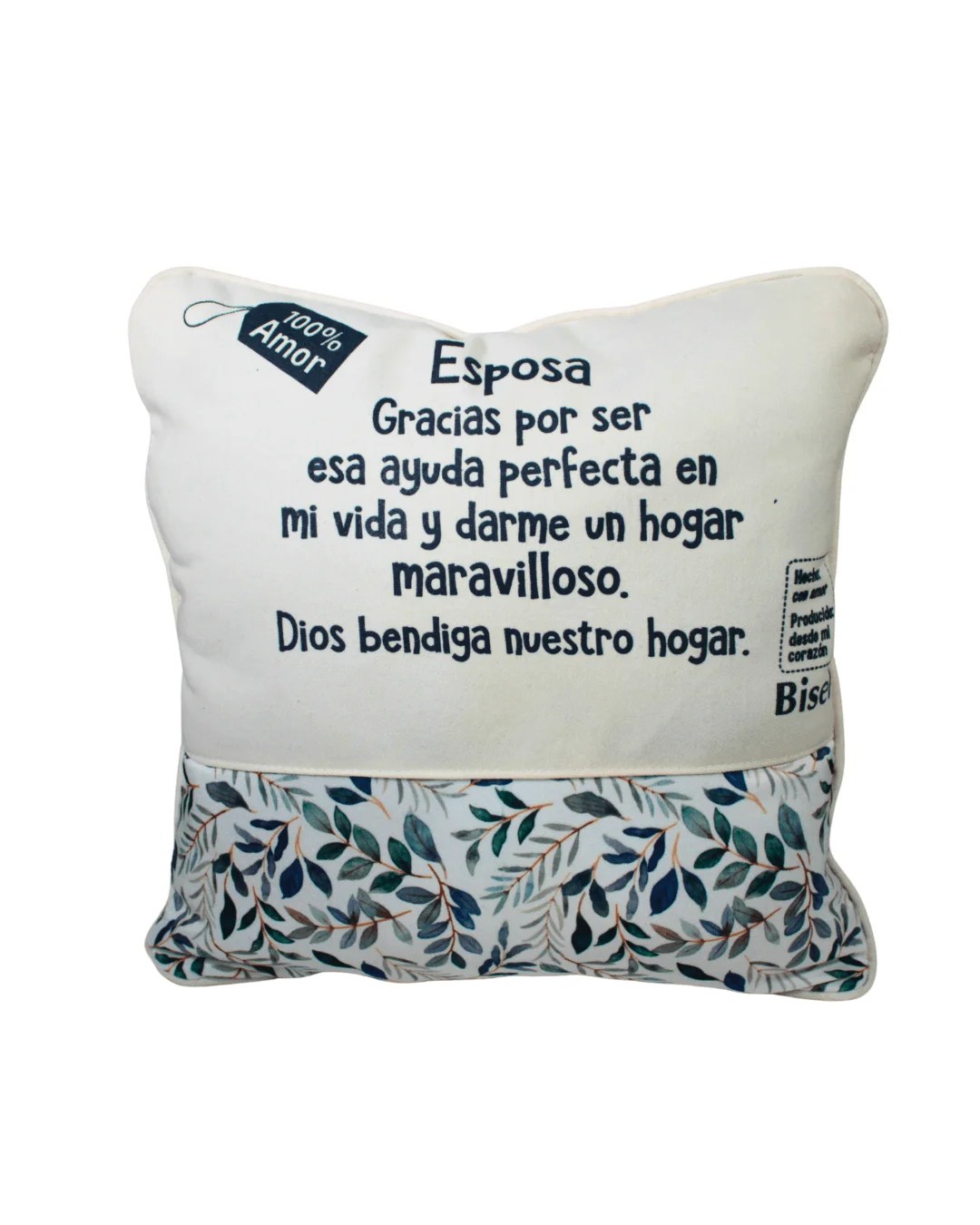 Cojín esposa diseño: fondo blanco con hojas azules y amarillas con texto “Gracias por ser esa ayuda perfecta”