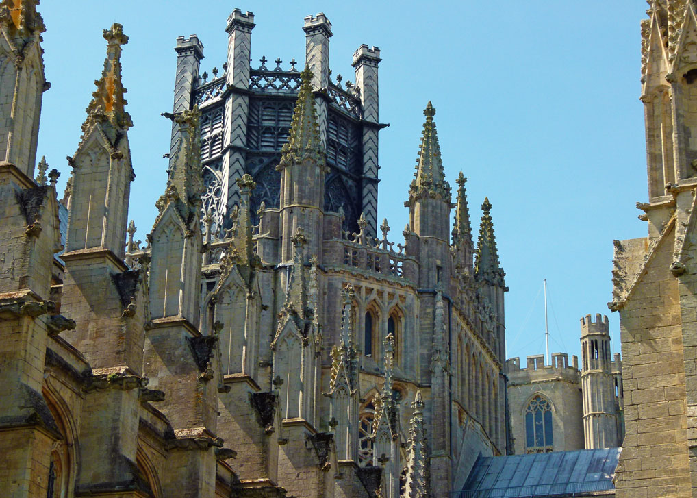 From the north-east, Ely's unique Octagonal Tower. In the background, the West Tower - 215 feet high. Ely Cathedral, octagonal tower