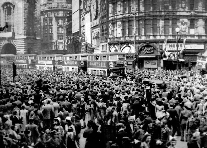 VE Day 1945 in London's Piccadily. Photo via Wikipedia VE Day, Piccadilly